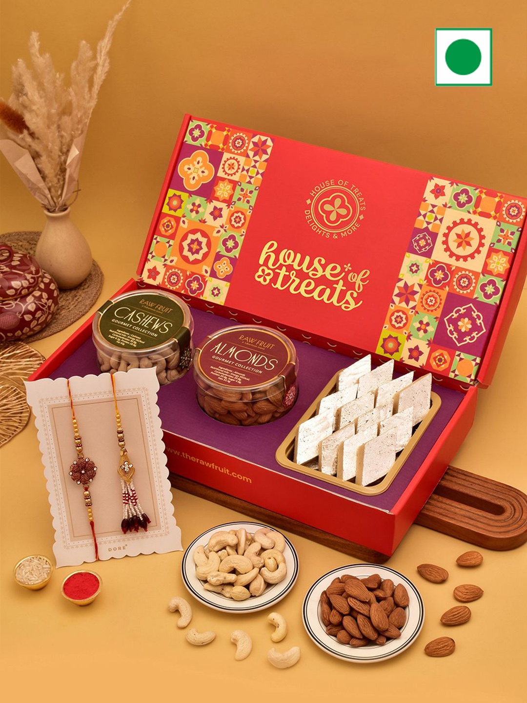 

RawFruit Sweets & Dry Fruits Bhaiya Bhabhi Rakhi Gift Set, Red