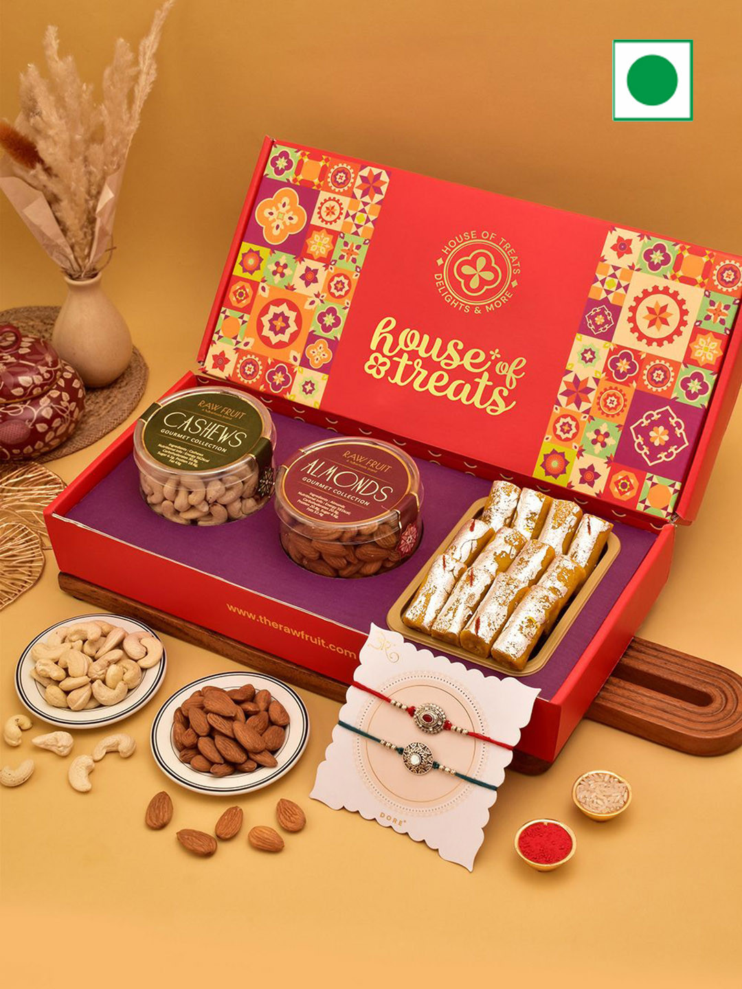 

RawFruit Sweets & Dry Fruits 2Pc-Rakhi Gift Set, Red