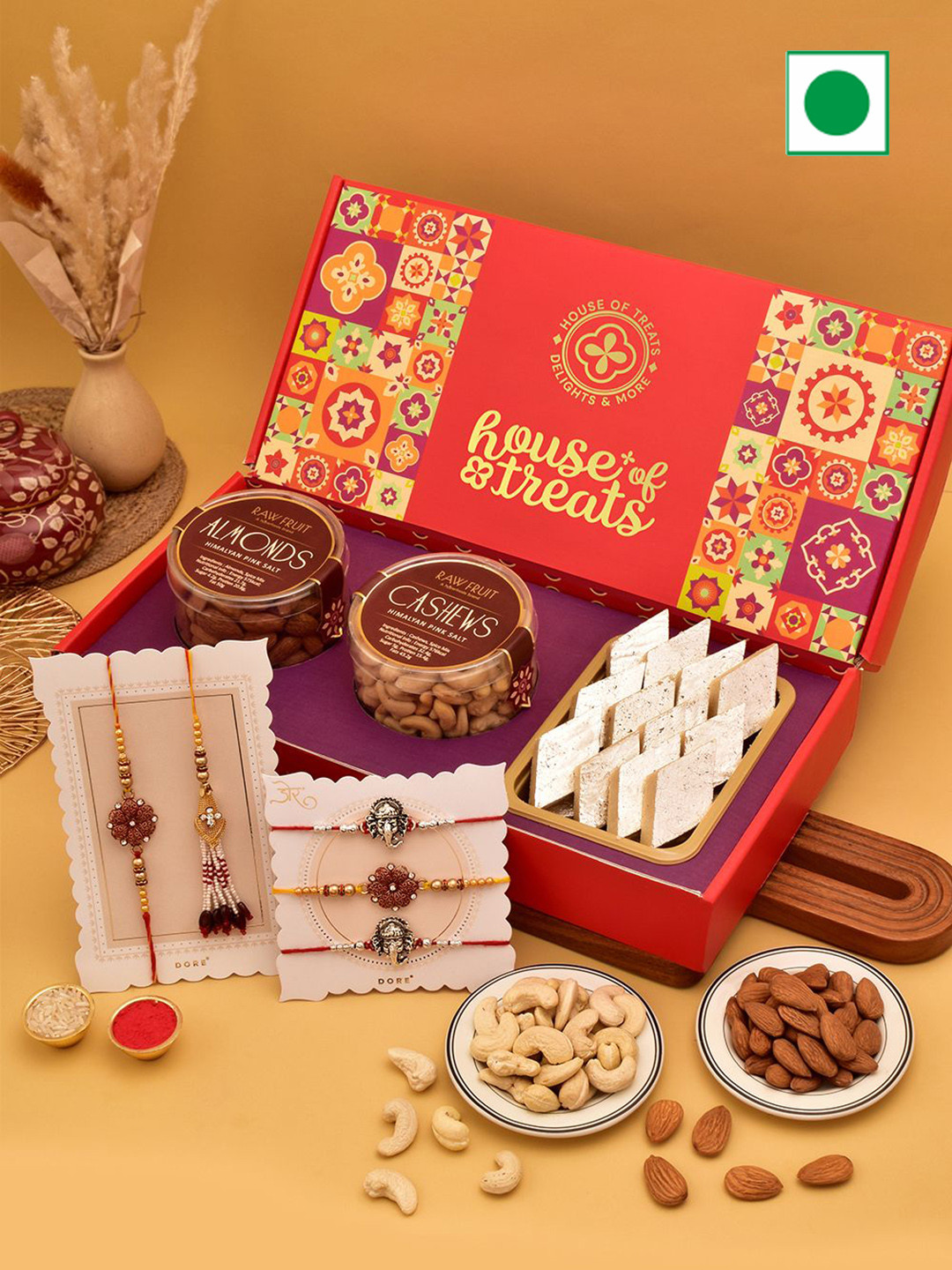 

RawFruit Sweets & Dry Fruits 5Pc-Rakhi Gift Set, Red