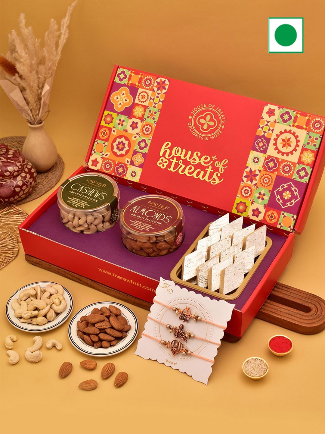 

RawFruit Sweets & Dry Fruits 3-Pc Rakhi Gift Set, Red