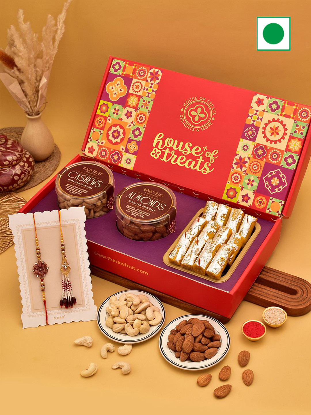 

RawFruit Set Of 5 Charm Rakhis With Roli Chawal DryFruits Gift Set, Red