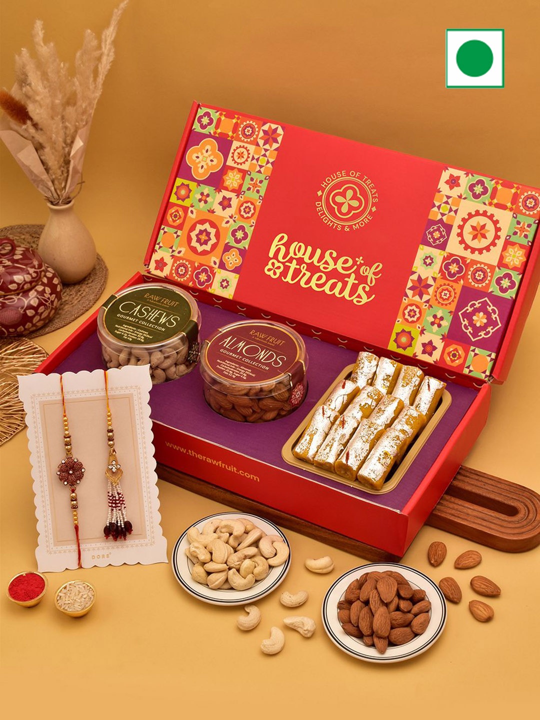 

RawFruit Sweets & Dry Fruits Bhaiya Bhabhi Rakhi Gift Set, Red