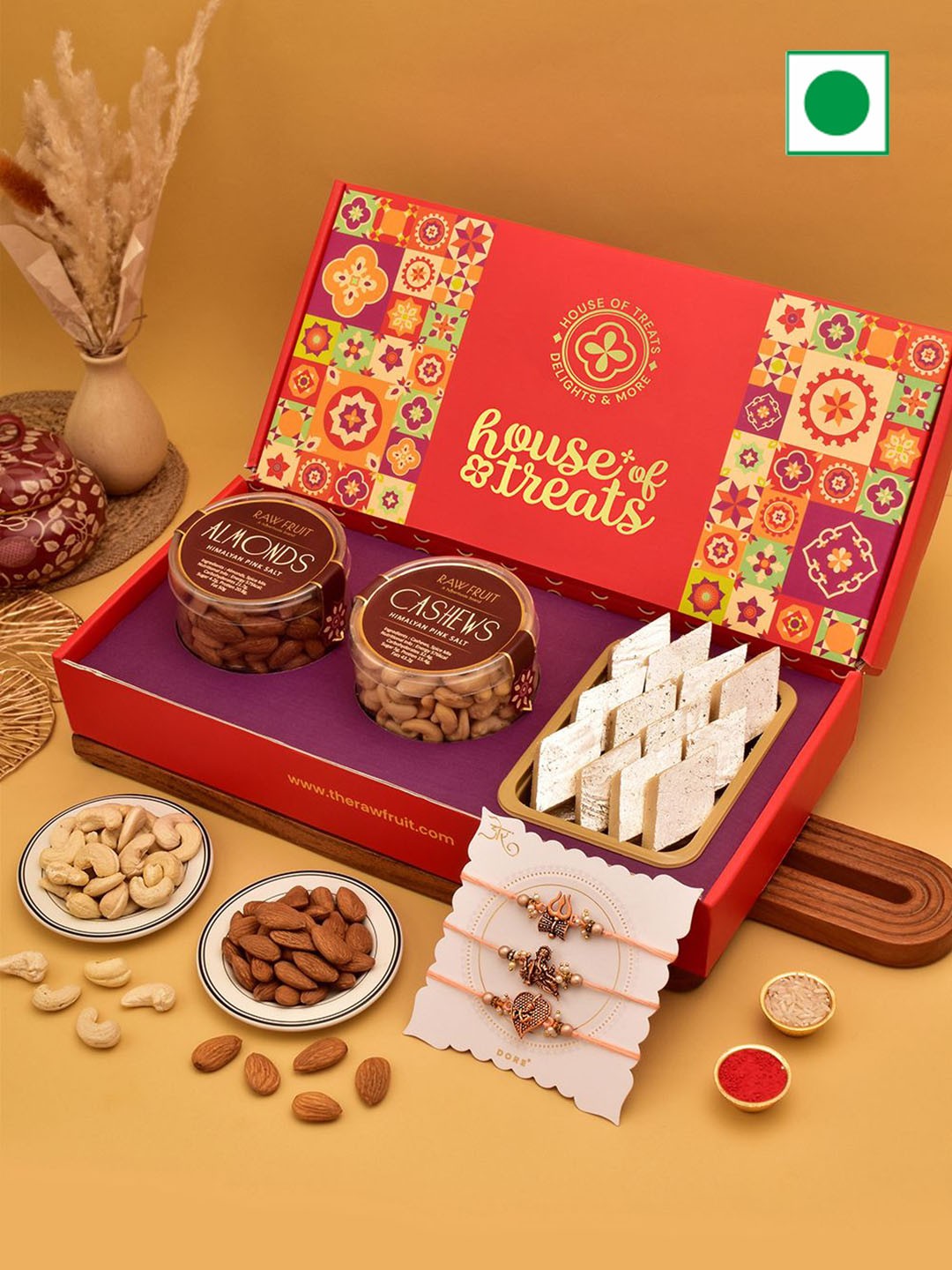 

RawFruit Sweets & Dry Fruits 3Pc-Rakhi Gift Set, Red