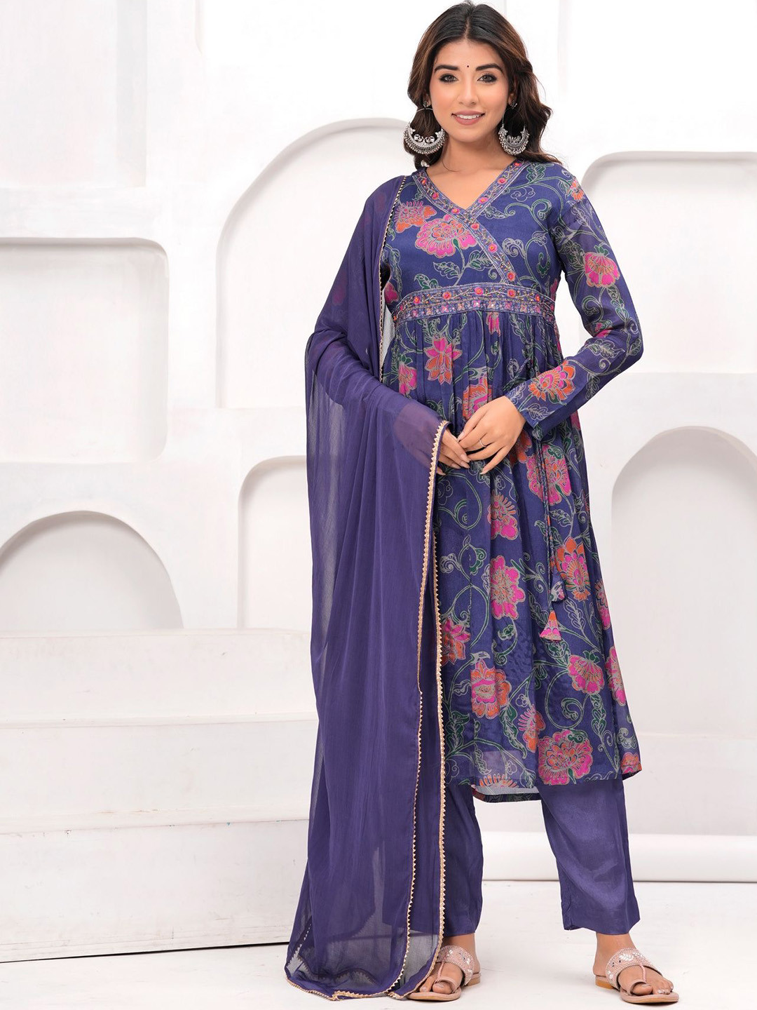

KALINI Women Floral Printed Angrakha Beads and Stones Kurta with Trousers & With Dupatta, Blue