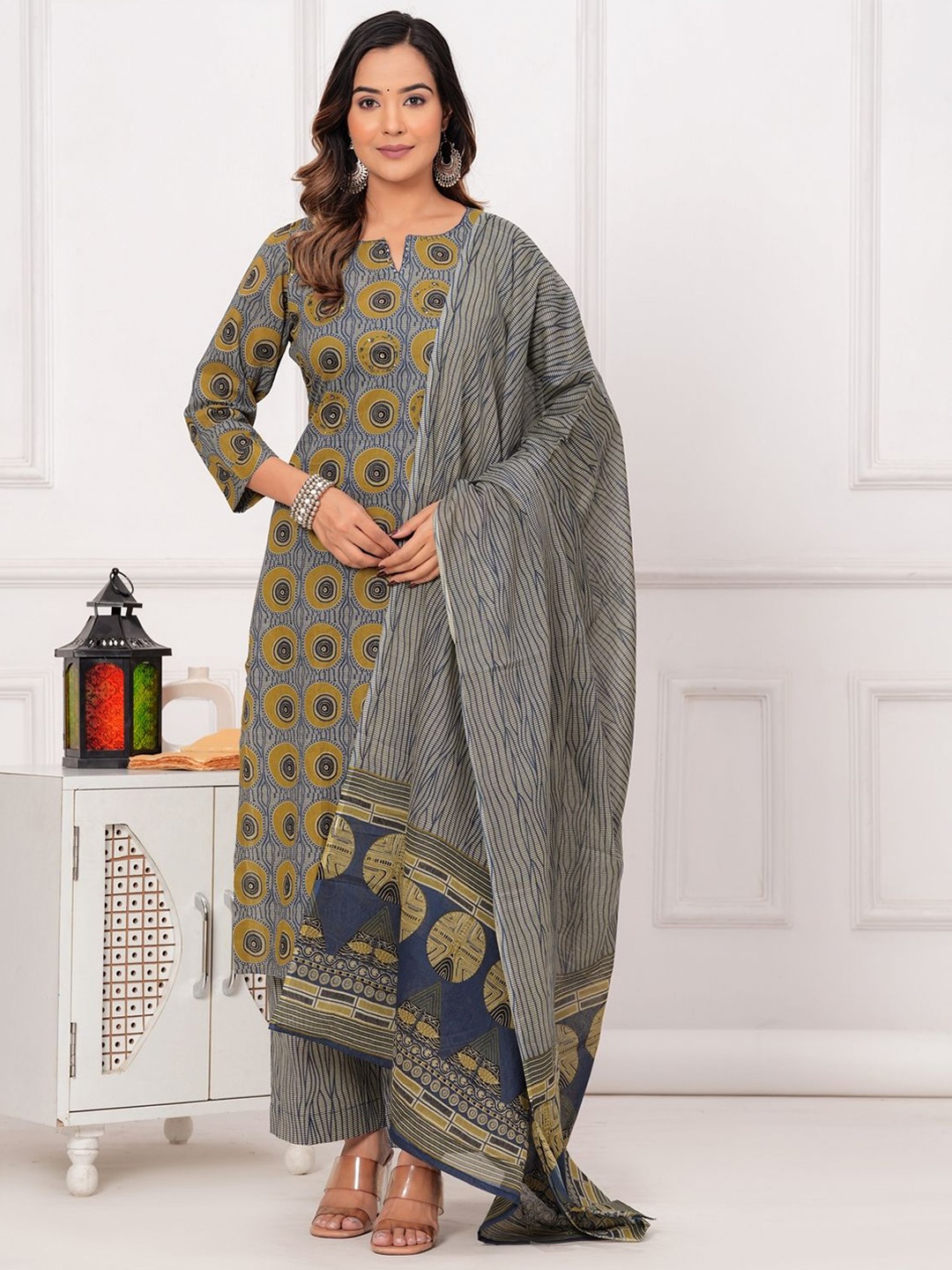 

KALINI Women Printed Regular Beads and Stones Pure Cotton Kurta with Trousers & With Dupatta, Grey