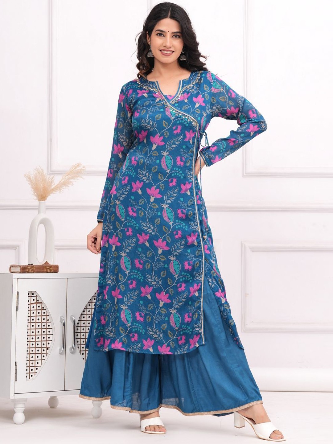 

KALINI Women Floral Printed Angrakha Beads and Stones Kurta with Sharara, Blue