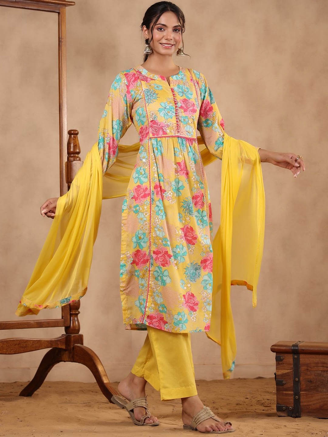 

KALINI Women Floral Printed Regular Thread Work Pure Cotton Kurta with Trousers & With Dupatta, Yellow