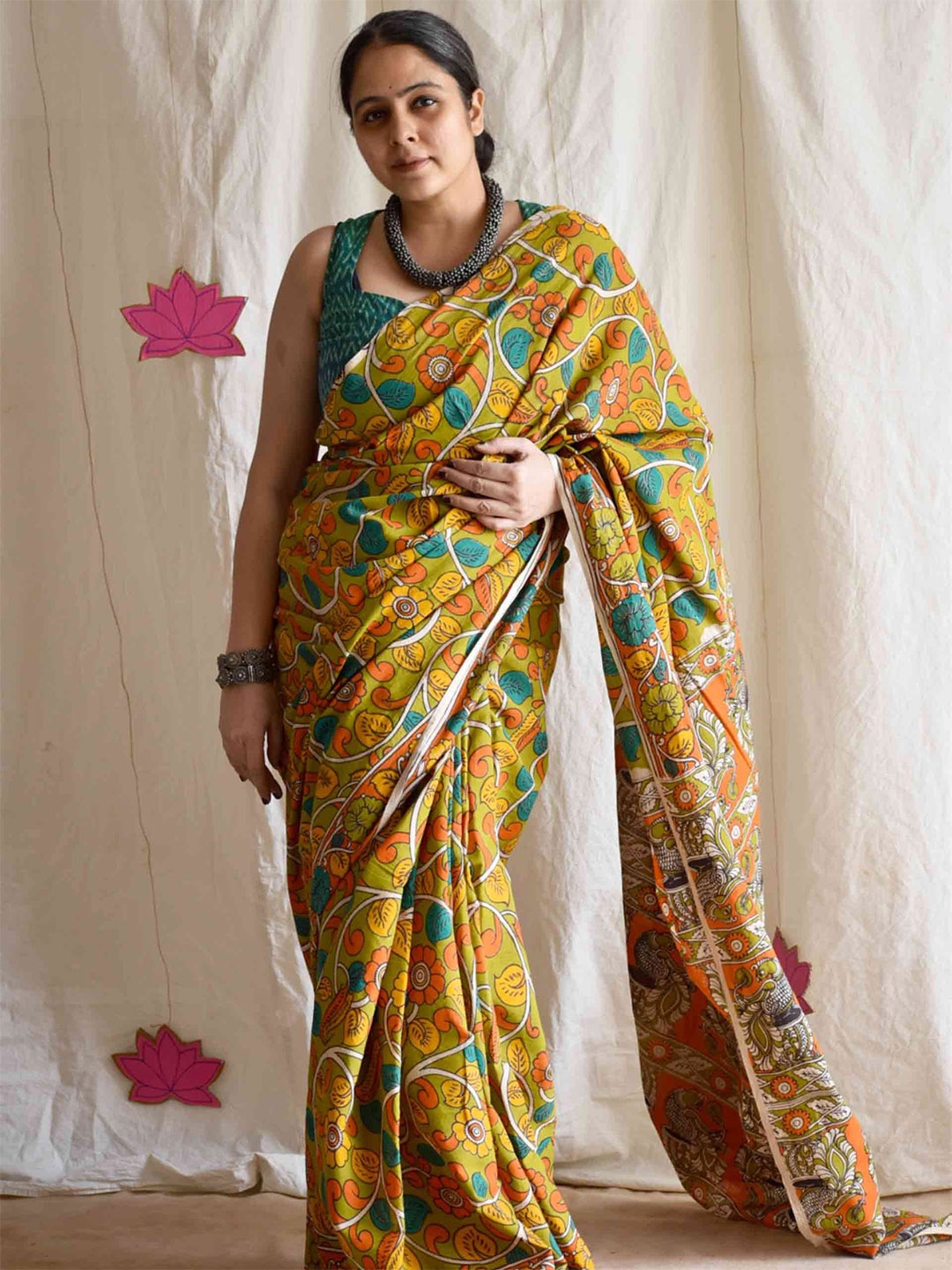 

Sundarii Floral Pure Cotton Saree, Olive