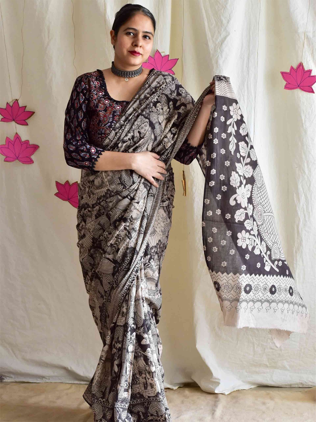 

Sundarii Ethnic Motifs Pure Cotton Saree, Black