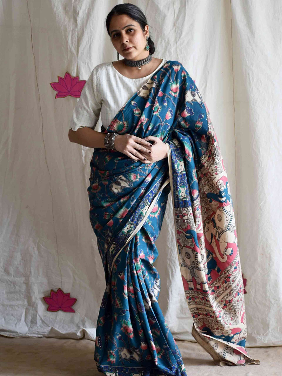 

Sundarii Ethnic Motifs Pure Cotton Saree, Teal