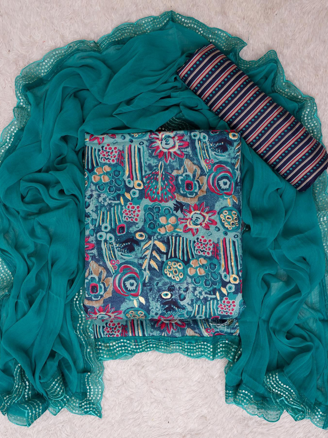

Panzora Printed Unstitched Dress Material, Teal