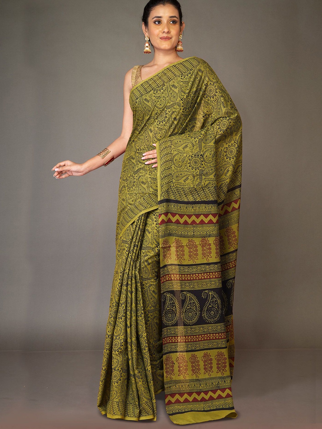 

Unnati Silks Bagh Pure Cotton Handloom Bagh Saree, Green