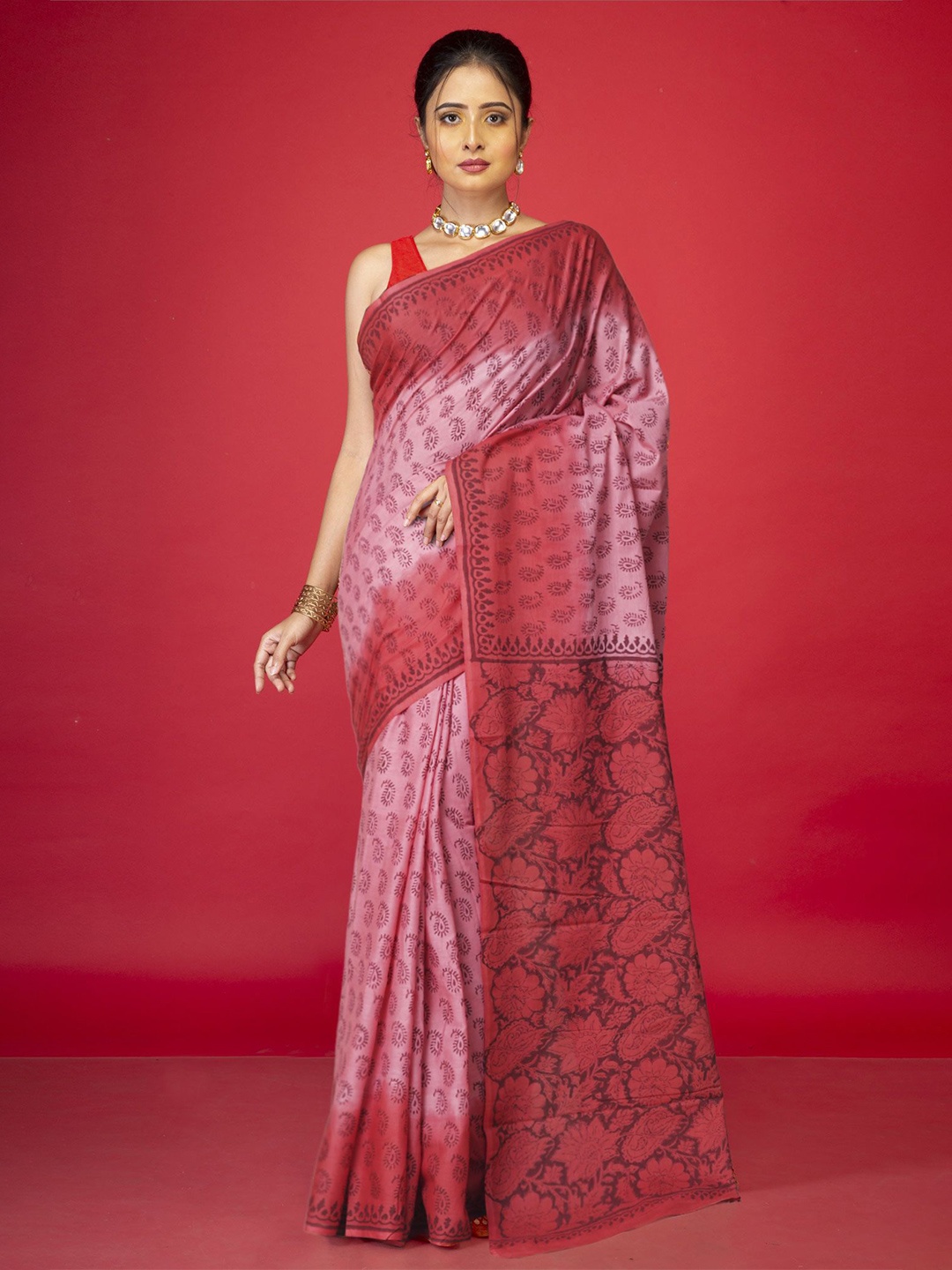 

Unnati Silks Ethnic Motifs Pure Cotton Handloom Block Print Saree, Pink