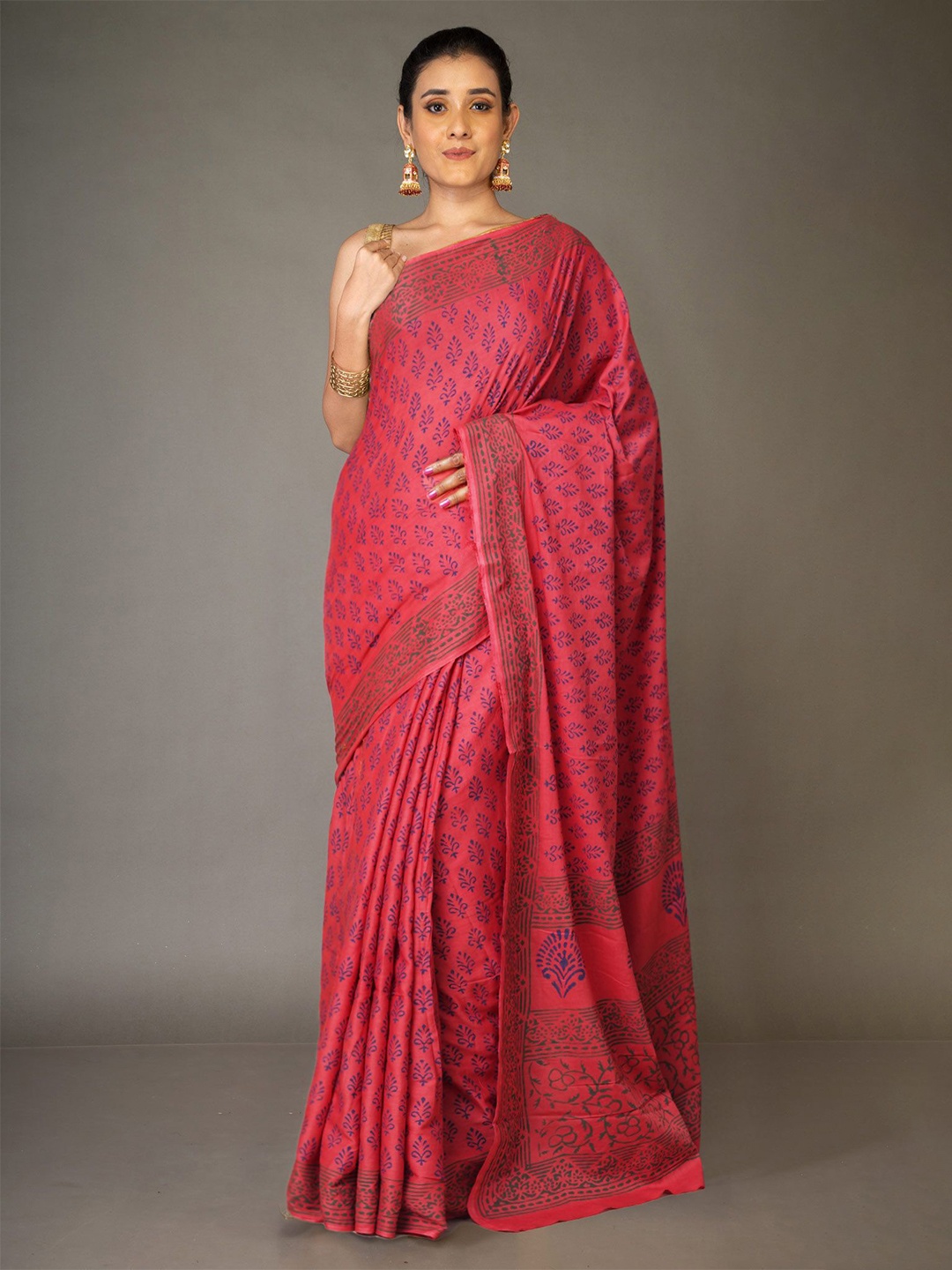 

Unnati Silks Ethnic Motifs Pure Cotton Handloom Block Print Saree, Red