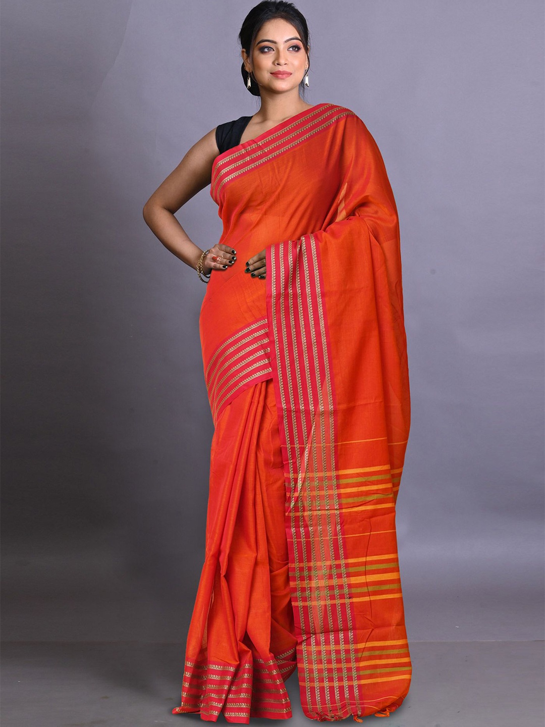 

Unnati Silks Ethnic Motifs Pure Cotton Handloom Narayan Peth Saree, Orange