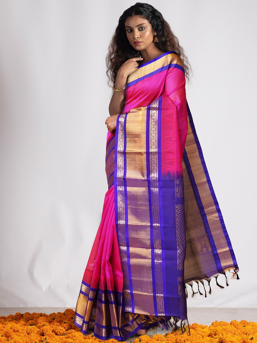 

Unnati Silks Zari Pure Silk Handloom Kanjeevaram Saree, Pink