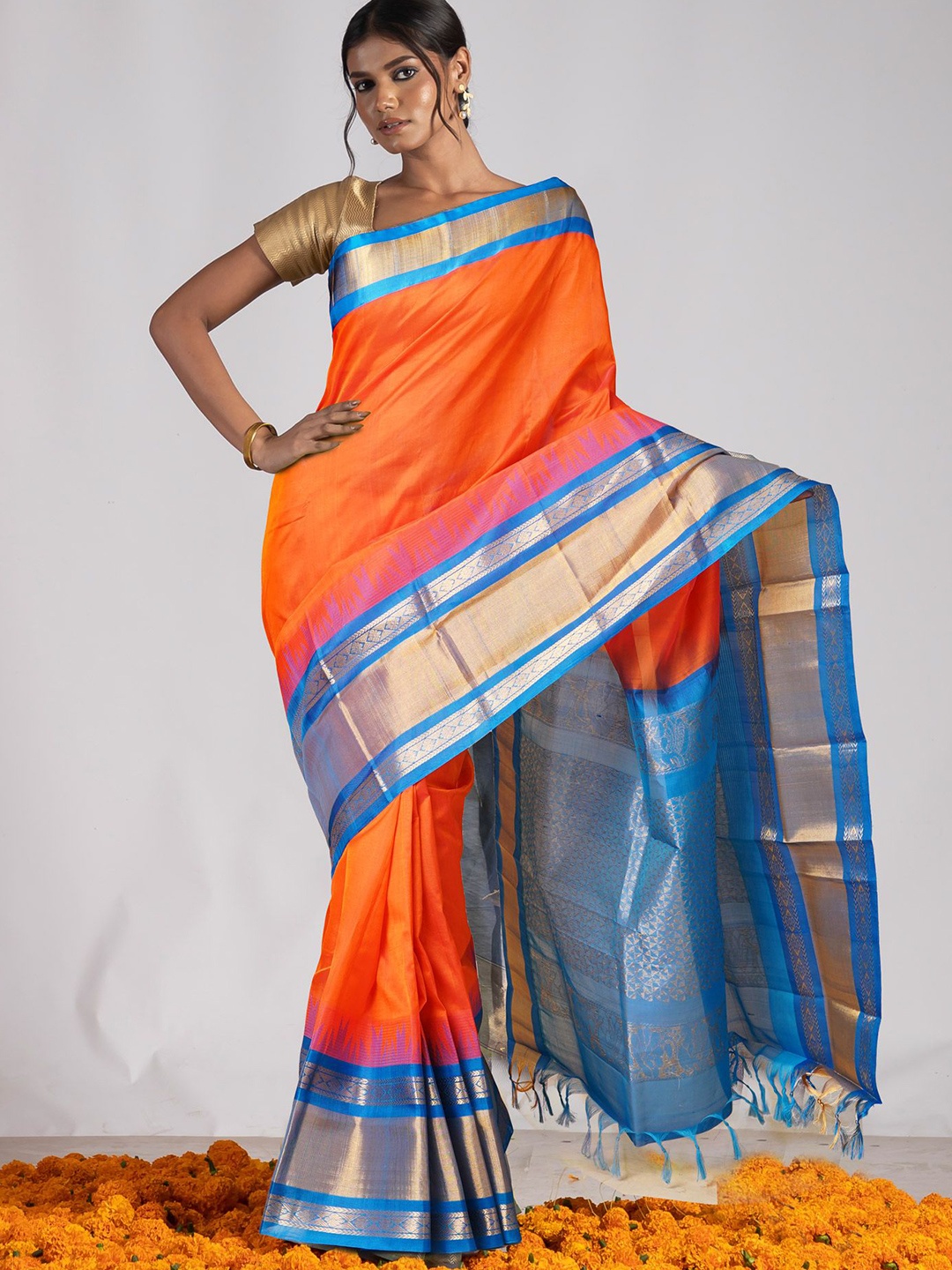 

Unnati Silks Zari Pure Silk Handloom Kanjeevaram Saree, Orange