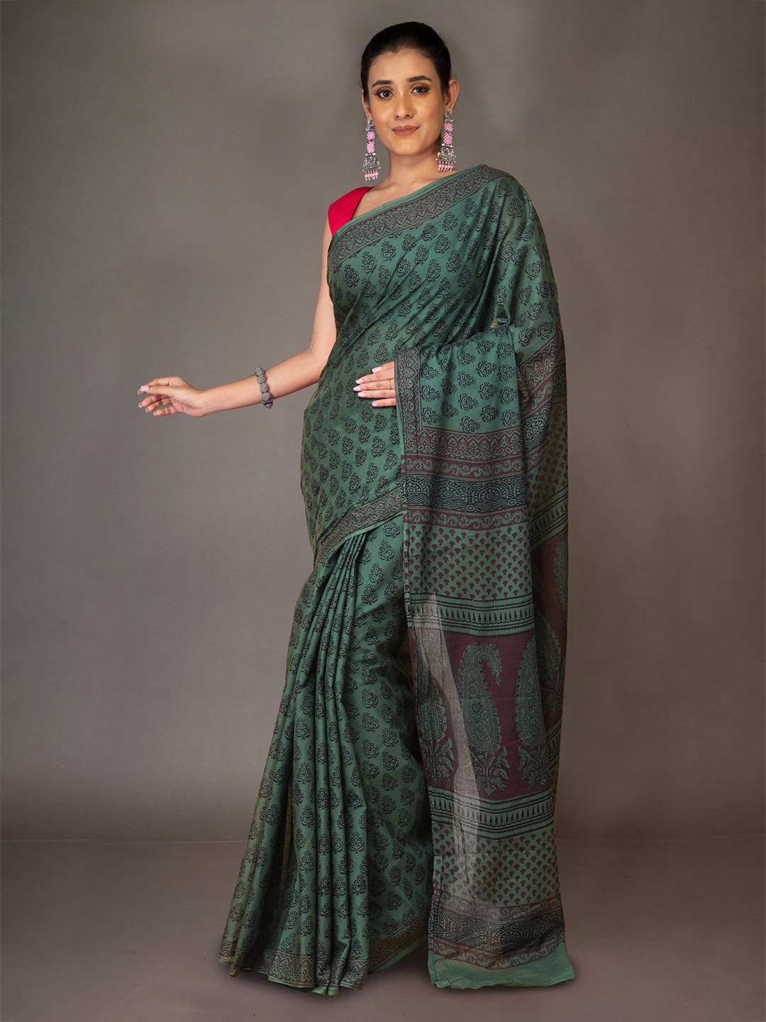 

Unnati Silks Bagh Pure Cotton Handloom Bagh Saree, Green