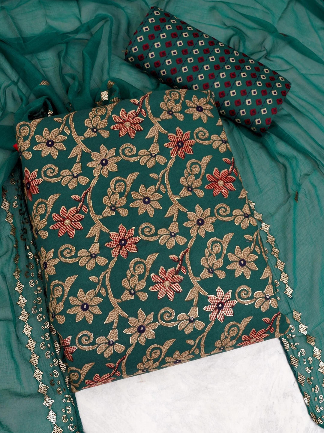 

Panzora Printed Unstitched Dress Material, Teal
