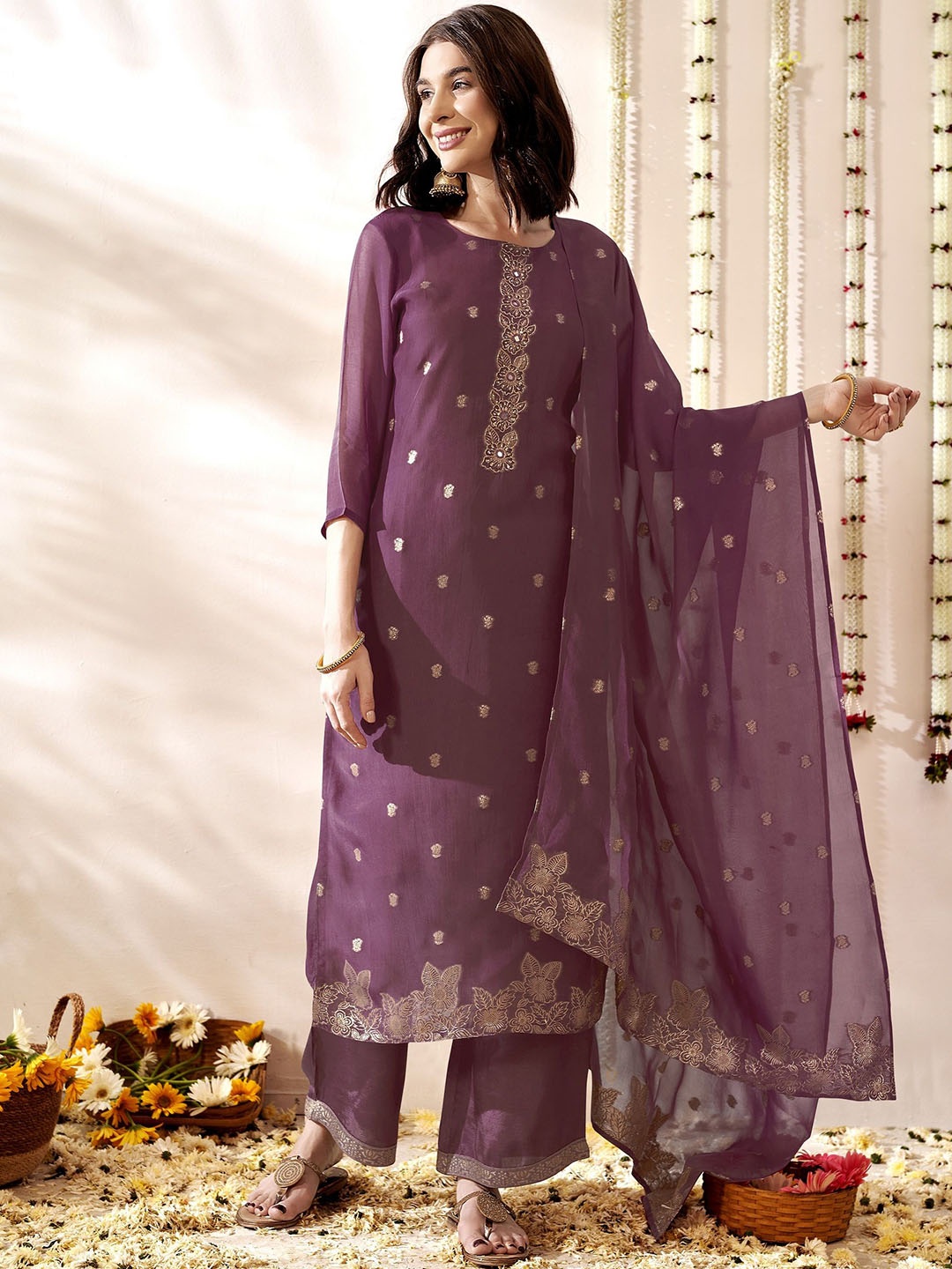 

Anouk Women Floral Regular Mirror Work Kurta with Palazzos & With Dupatta, Pink