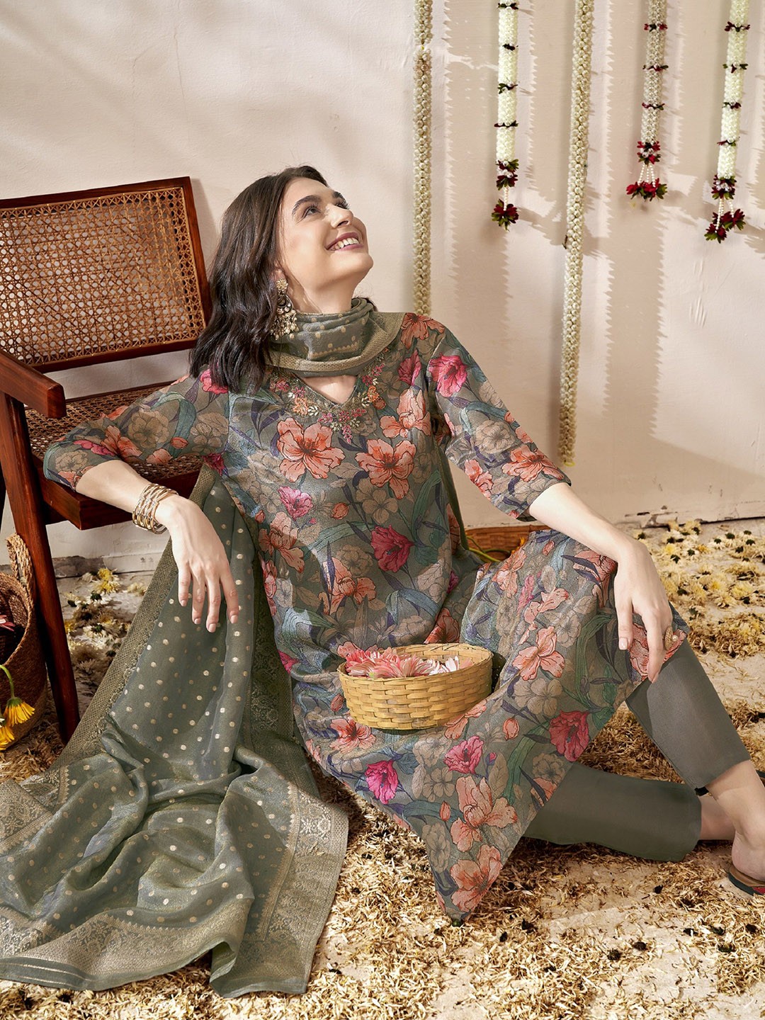 

Anouk Women Floral Printed Regular Aari Work Kurta with Trousers & With Dupatta, Grey