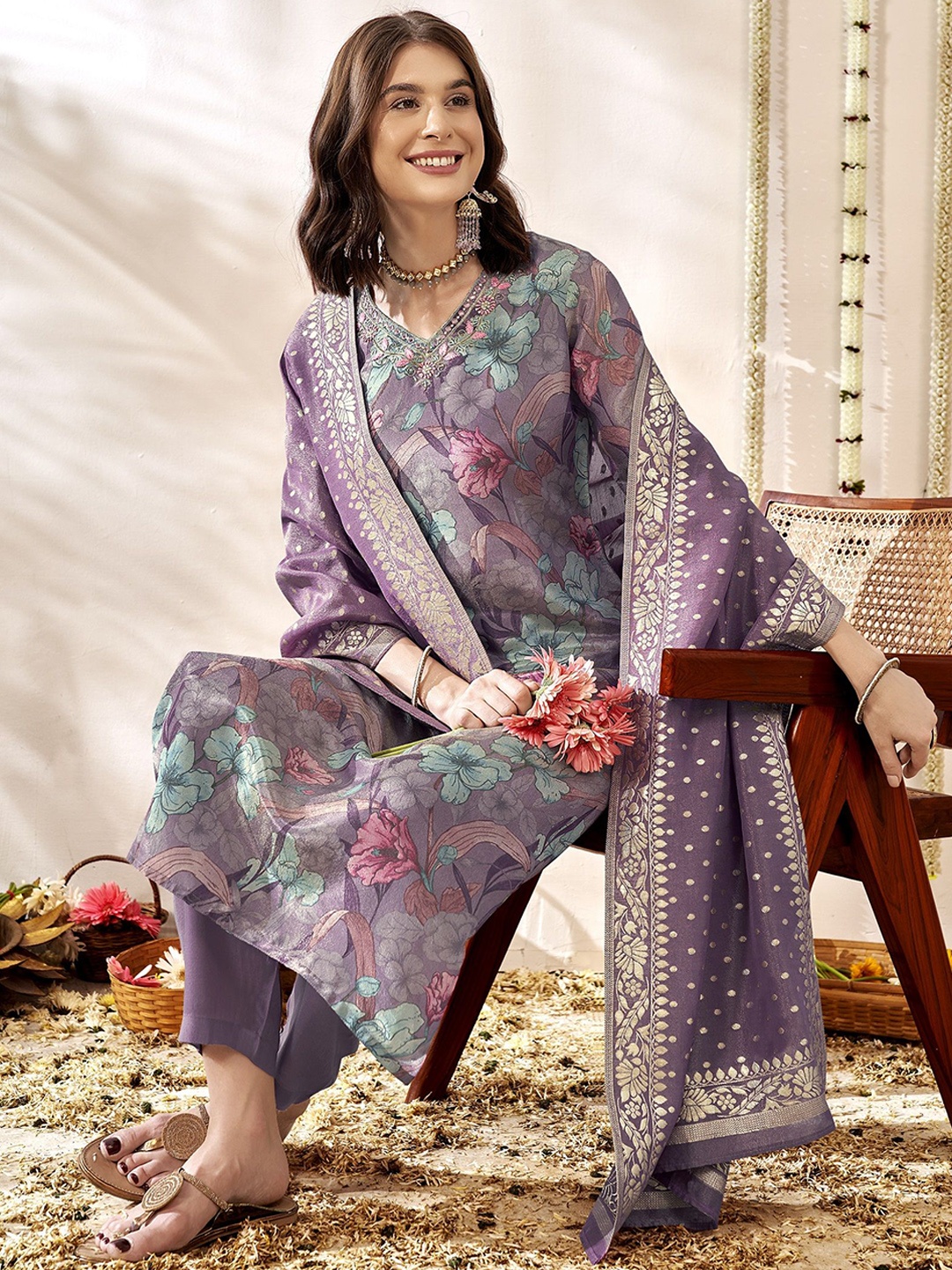 

Anouk Women Floral Printed Regular Thread Work Kurta with Trousers & With Dupatta, Purple