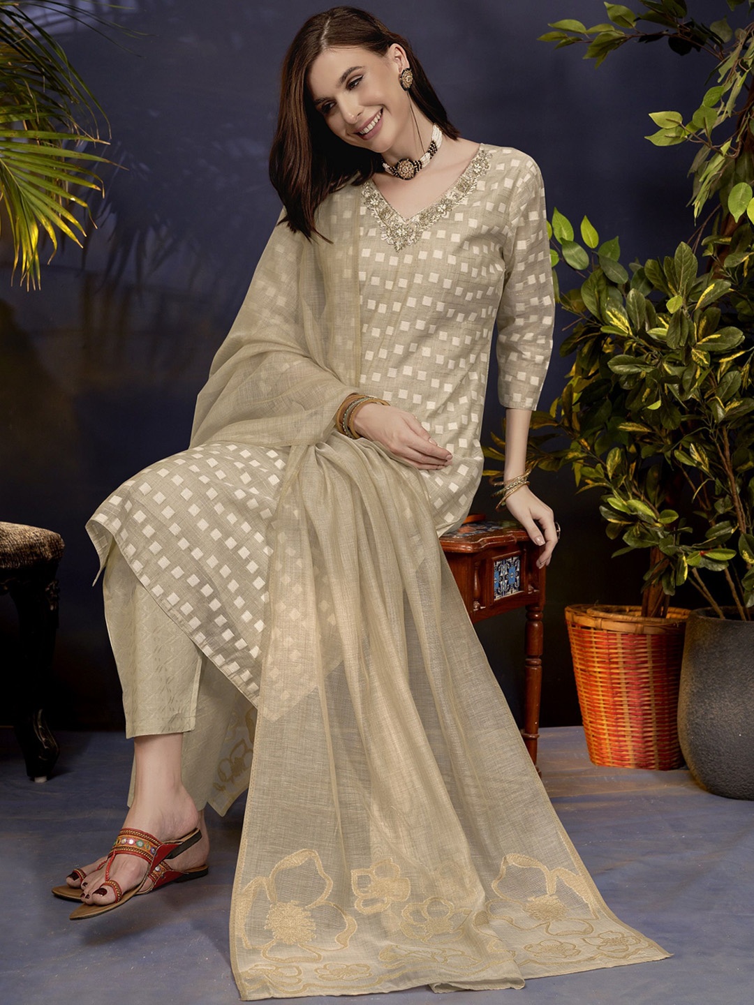 

Anouk Women Ethnic Motifs Embroidered Regular Beads and Stones Kurta with Trousers & With Dupatta, Beige