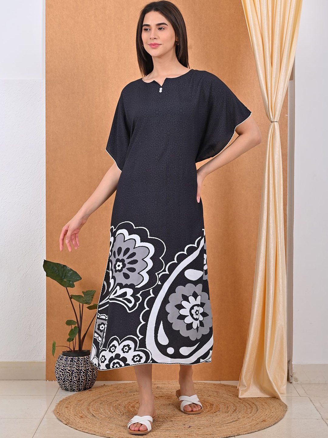 

GOLDSTROMS Floral Print Keyhole Neck A-Line Midi Dress, Black