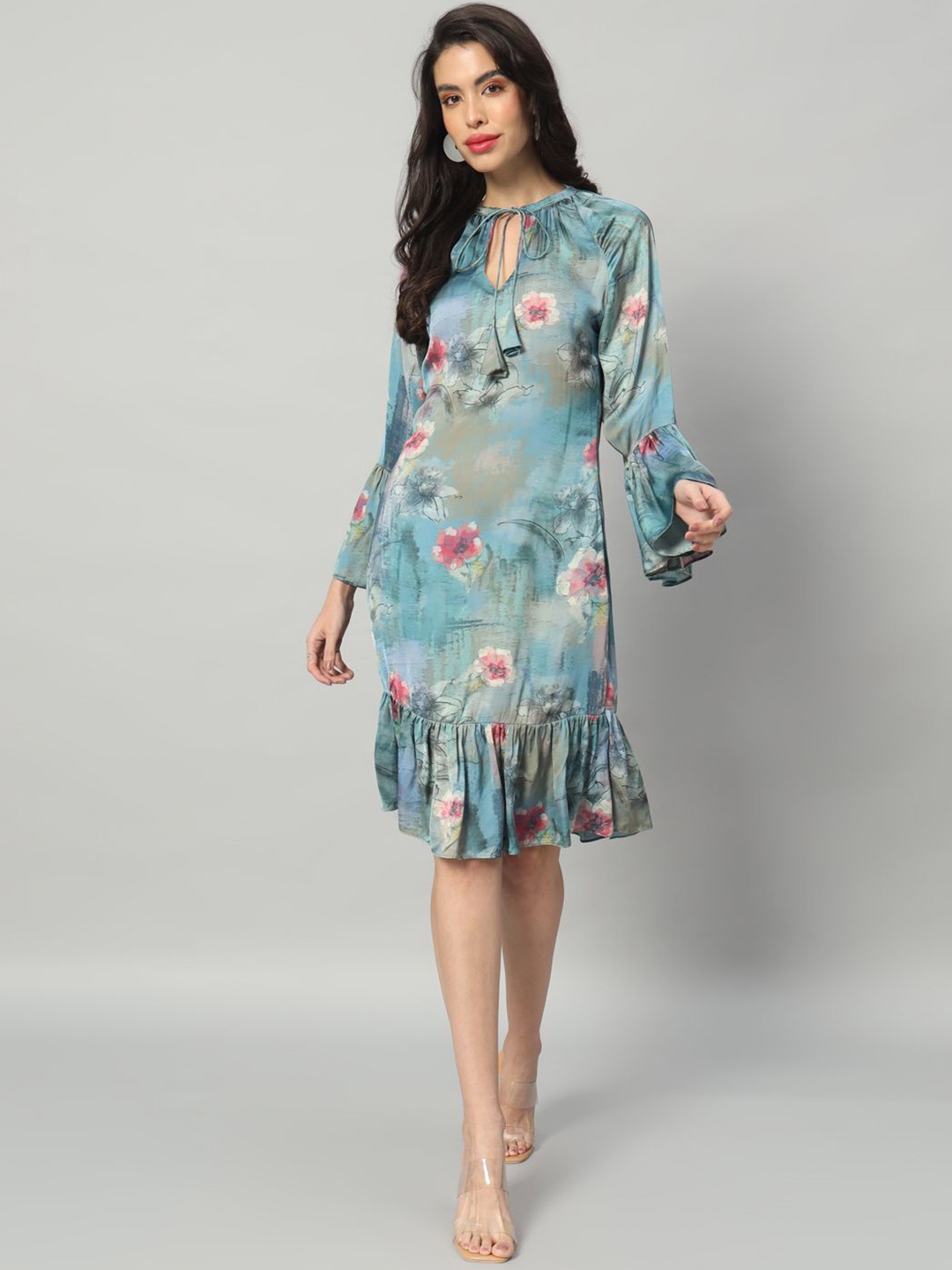 

BRIJAL LAD Floral Print Bell Sleeve Satin A-Line Dress, Blue