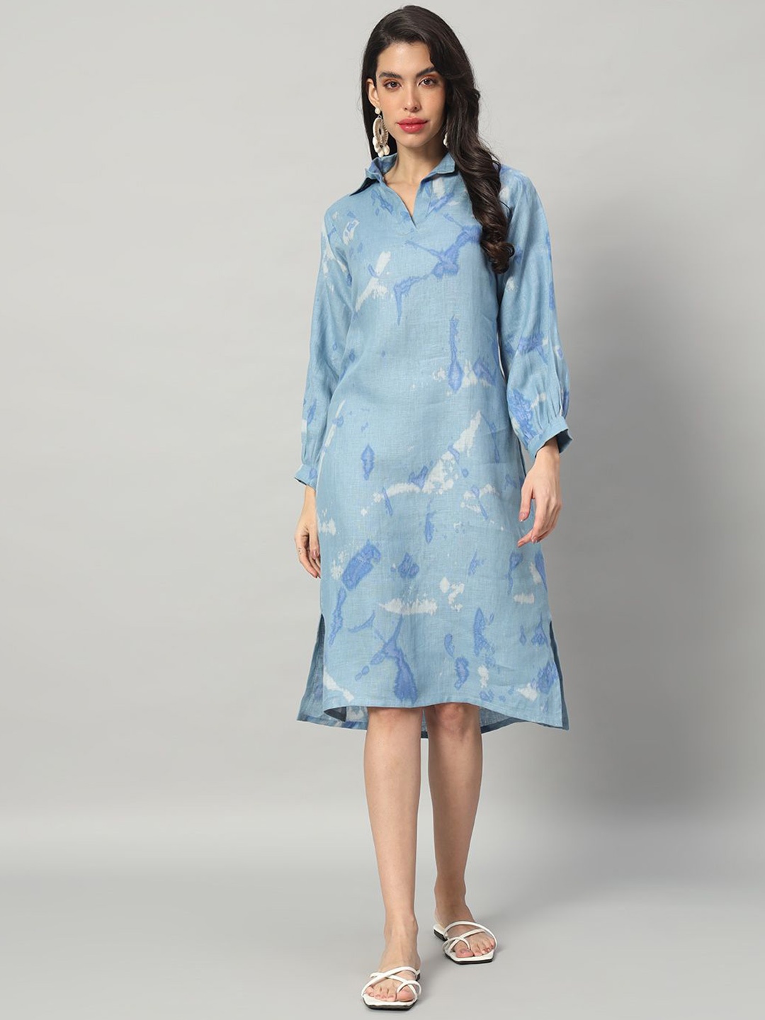 

BRIJAL LAD Floral Print Linen Shirt Midi Dress, Blue