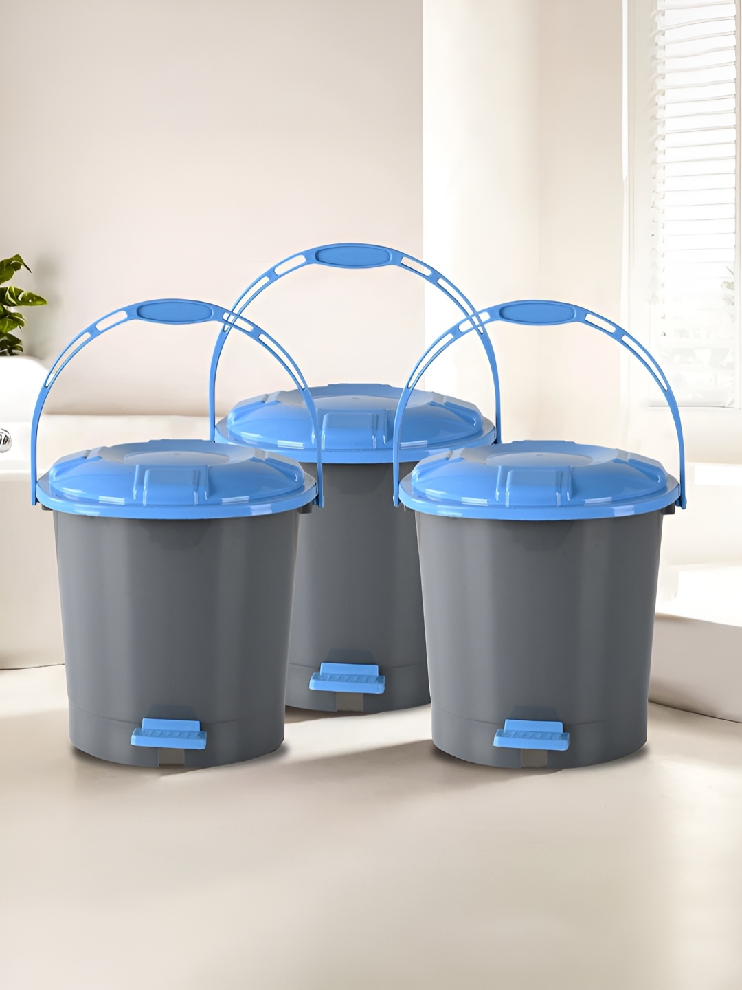 

Kuber Industries 3-Pcs Grey & Blue Plastic Pedal Dustbins- 7L Each