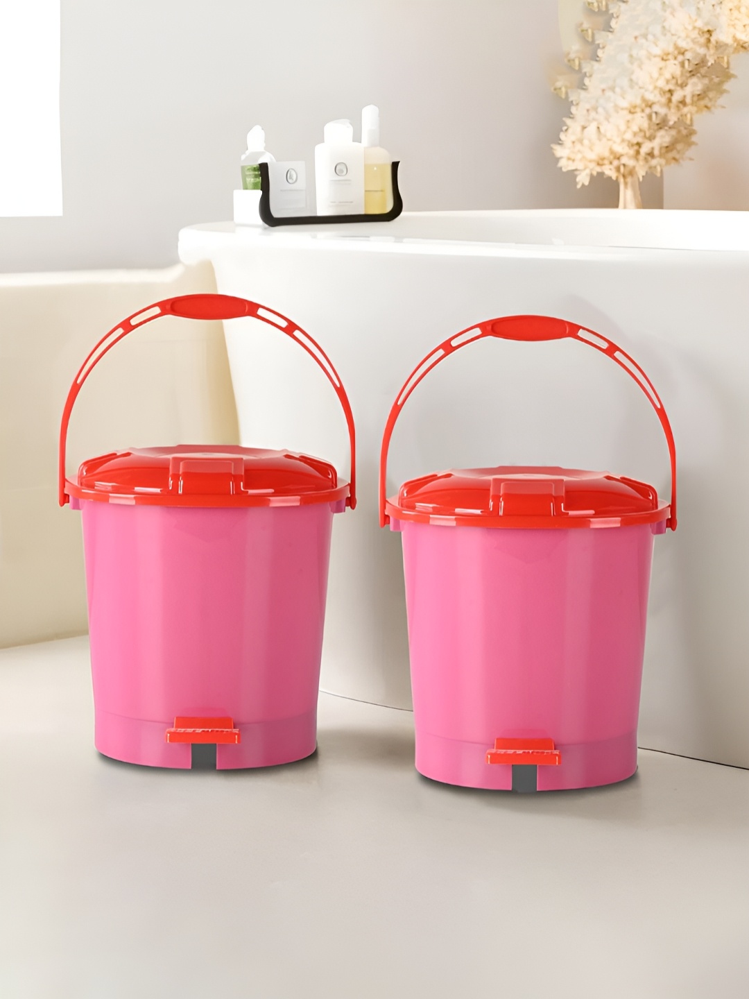 

Kuber Industries 2-Pcs Pink & Red Plastic Pedal Dustbins 7L Each