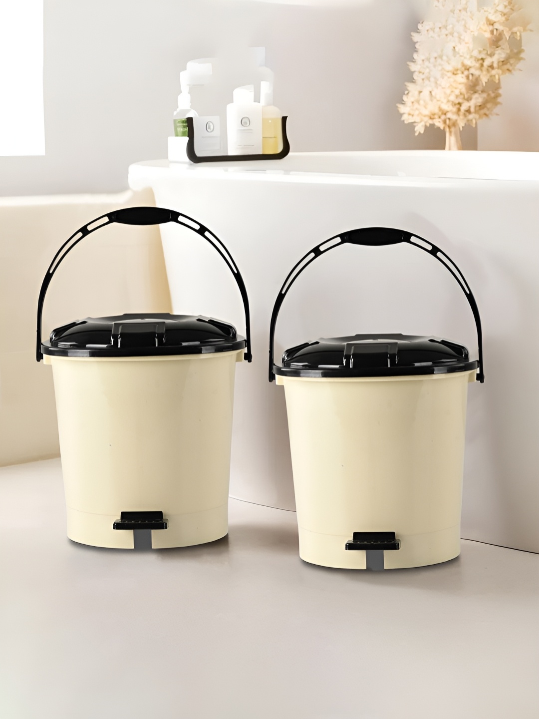 

Kuber Industries 2-Pcs Beige & Black Plastic Pedal Dustbins 7L Each