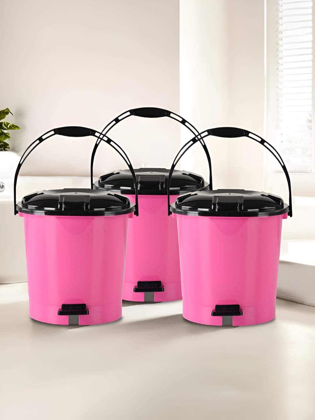 

Kuber Industries 3-Pcs Pink & Black Plastic Pedal Dustbins 7L Each