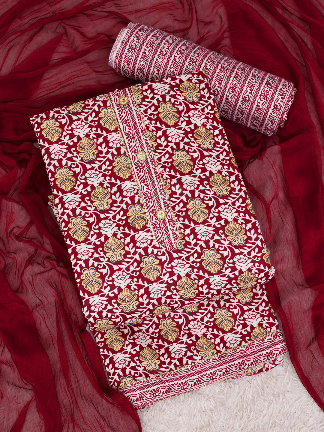 

Panzora Printed Unstitched Dress Material, Maroon