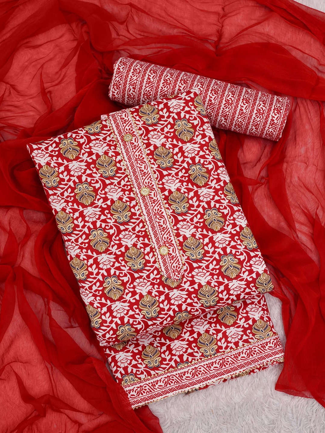 

Panzora Printed Unstitched Dress Material, Red