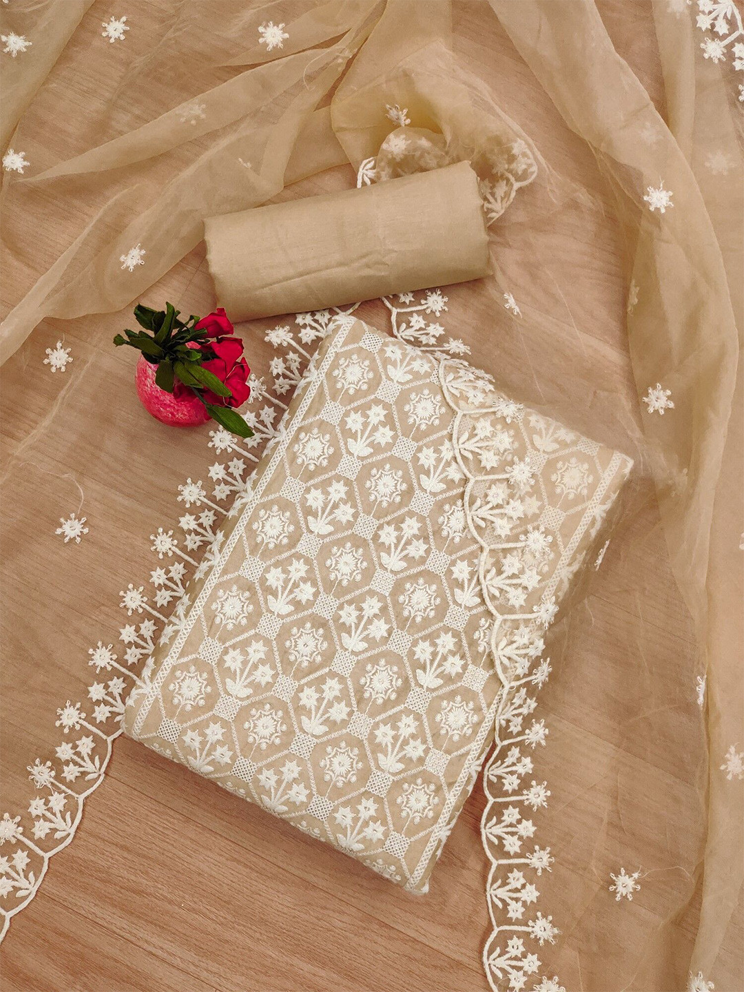 

Panzora Embroidered Unstitched Dress Material, Beige