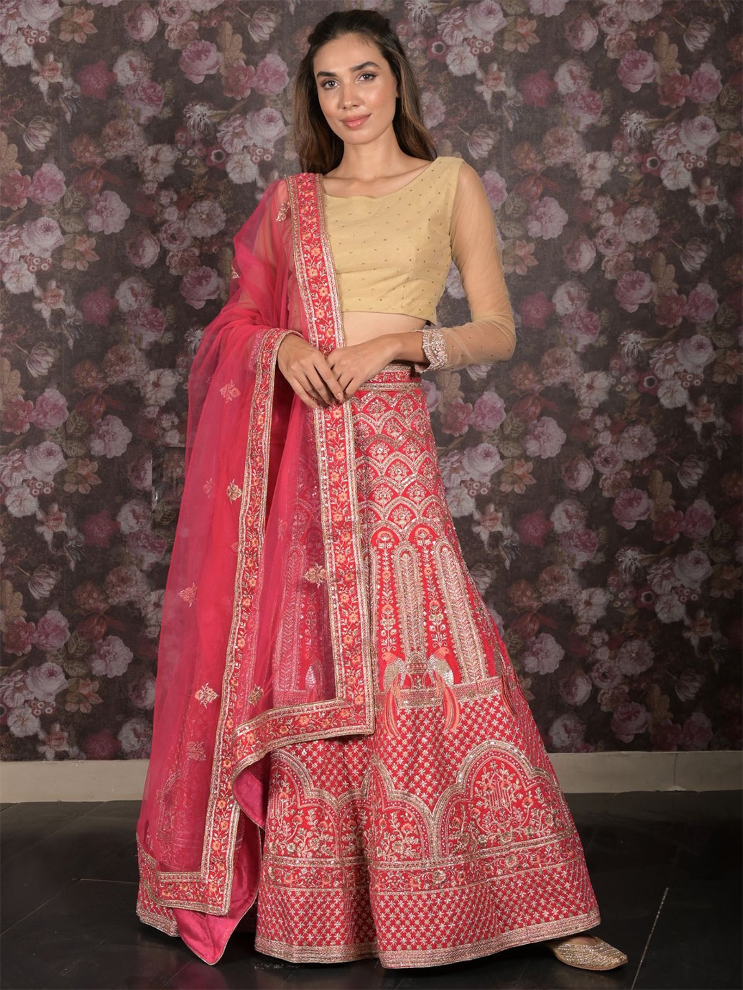 

ODETTE Embroidered Sequinned Semi-Stitched Lehenga & Unstitched Blouse With Dupatta, Pink