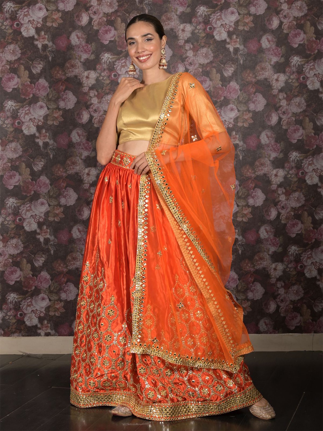 

ODETTE Embroidered Sequinned Semi-Stitched Lehenga & Unstitched Blouse With Dupatta, Orange