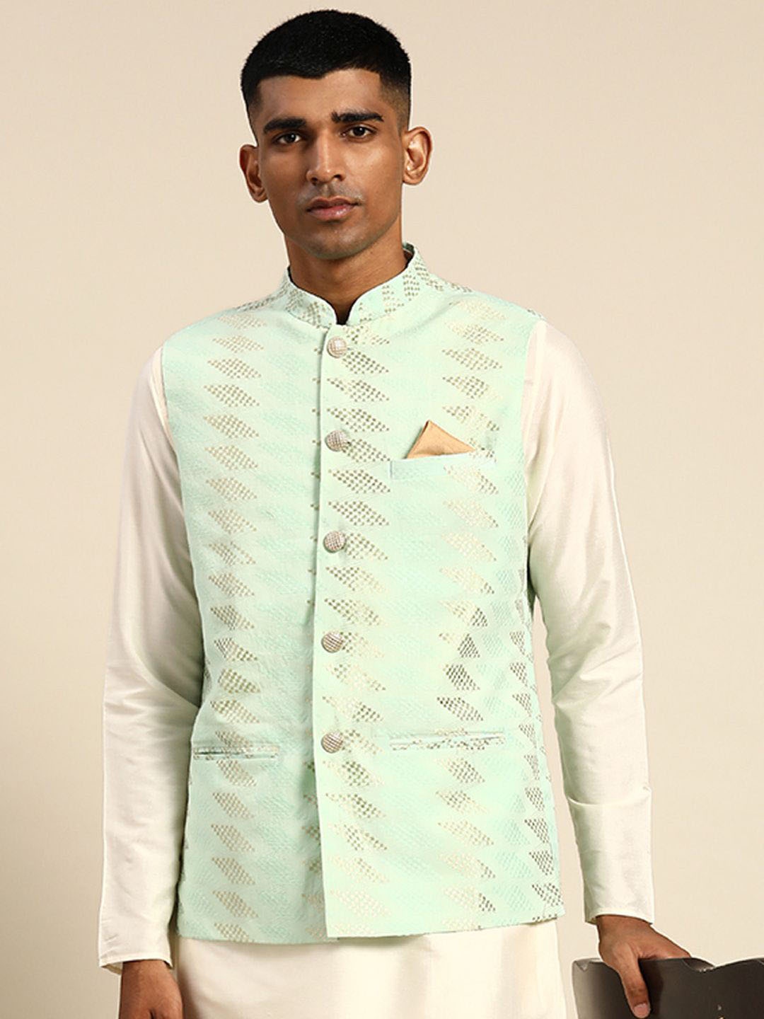 

Anouk Embroidered Woven Nehru Jacket, Green
