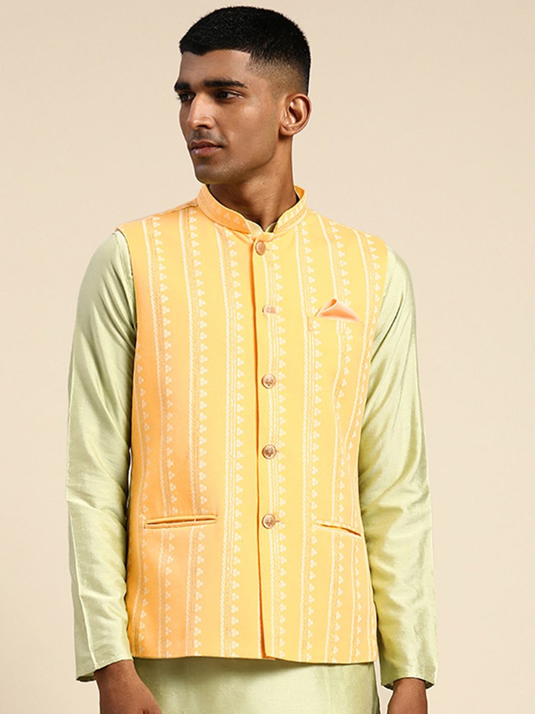 

Anouk Printed Nehru Jacket, Yellow