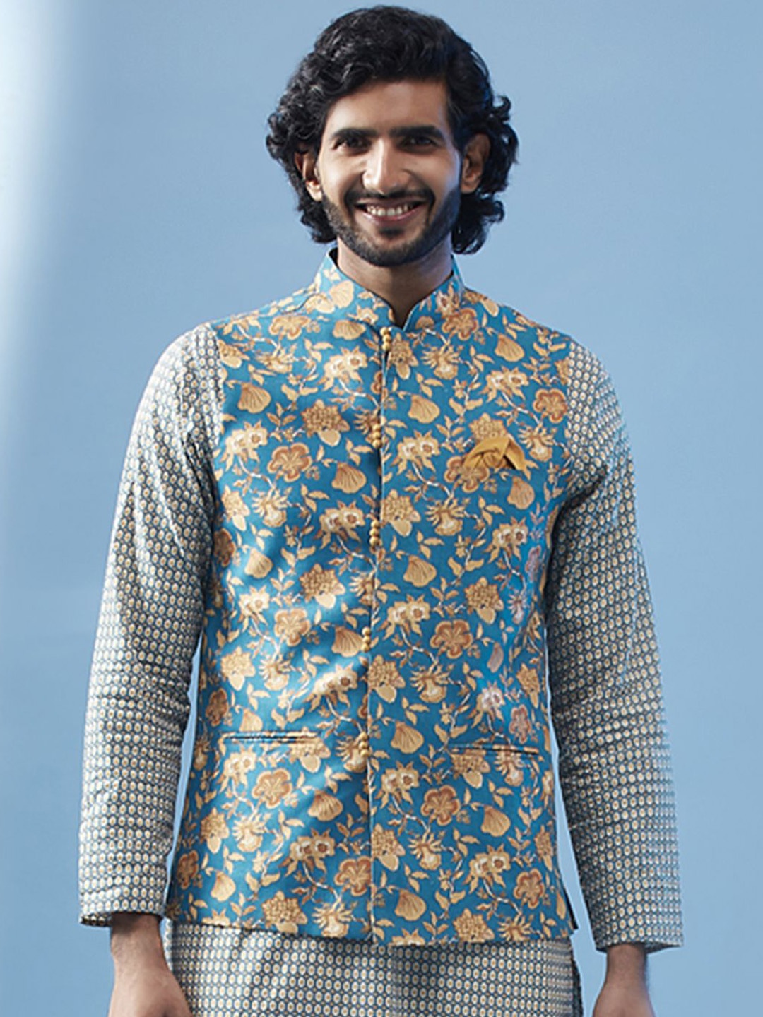 

Anouk Floral Printed Woven Nehru Jacket, Blue