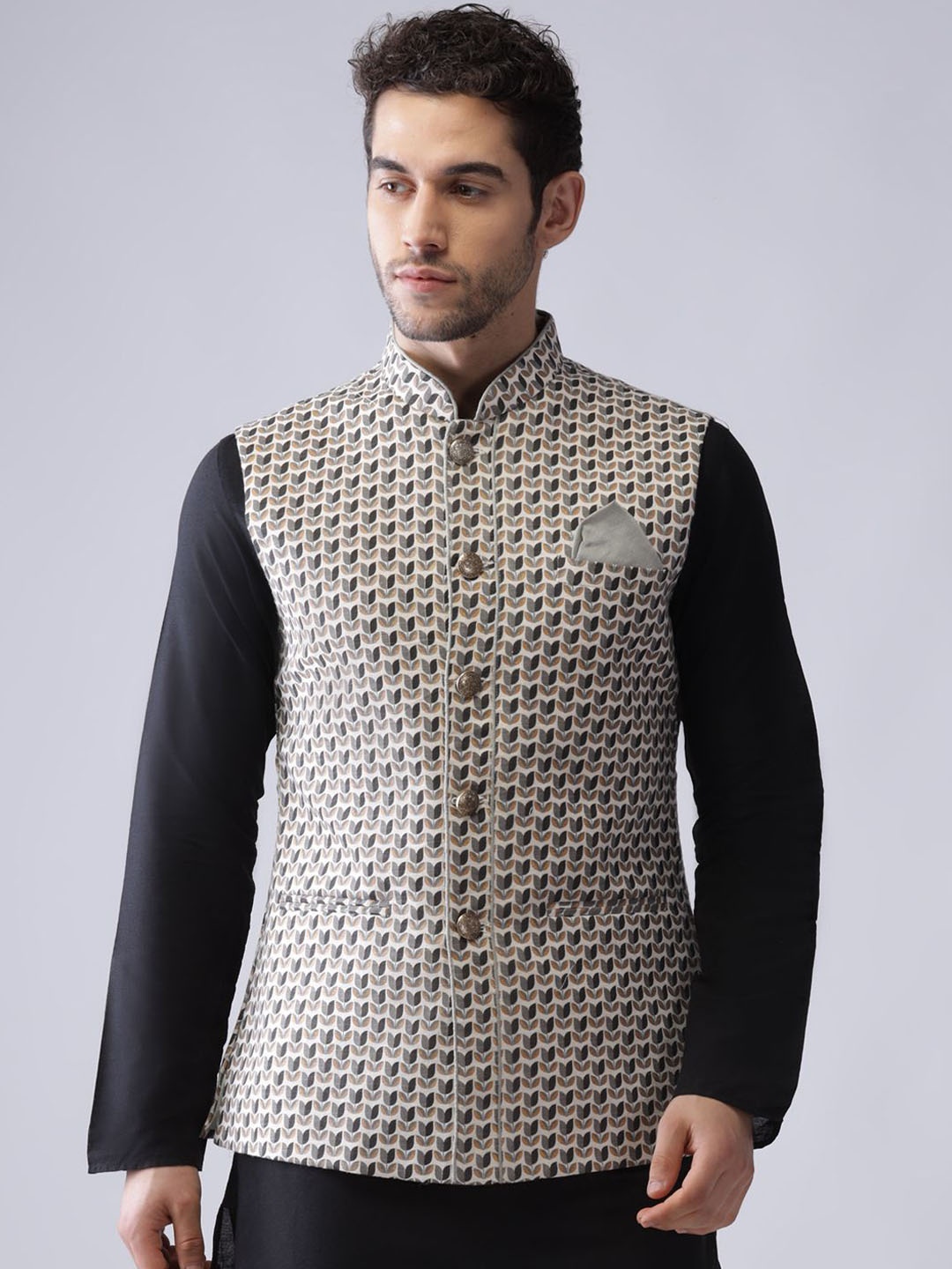 

Anouk Printed Nehru Jacket, Cream
