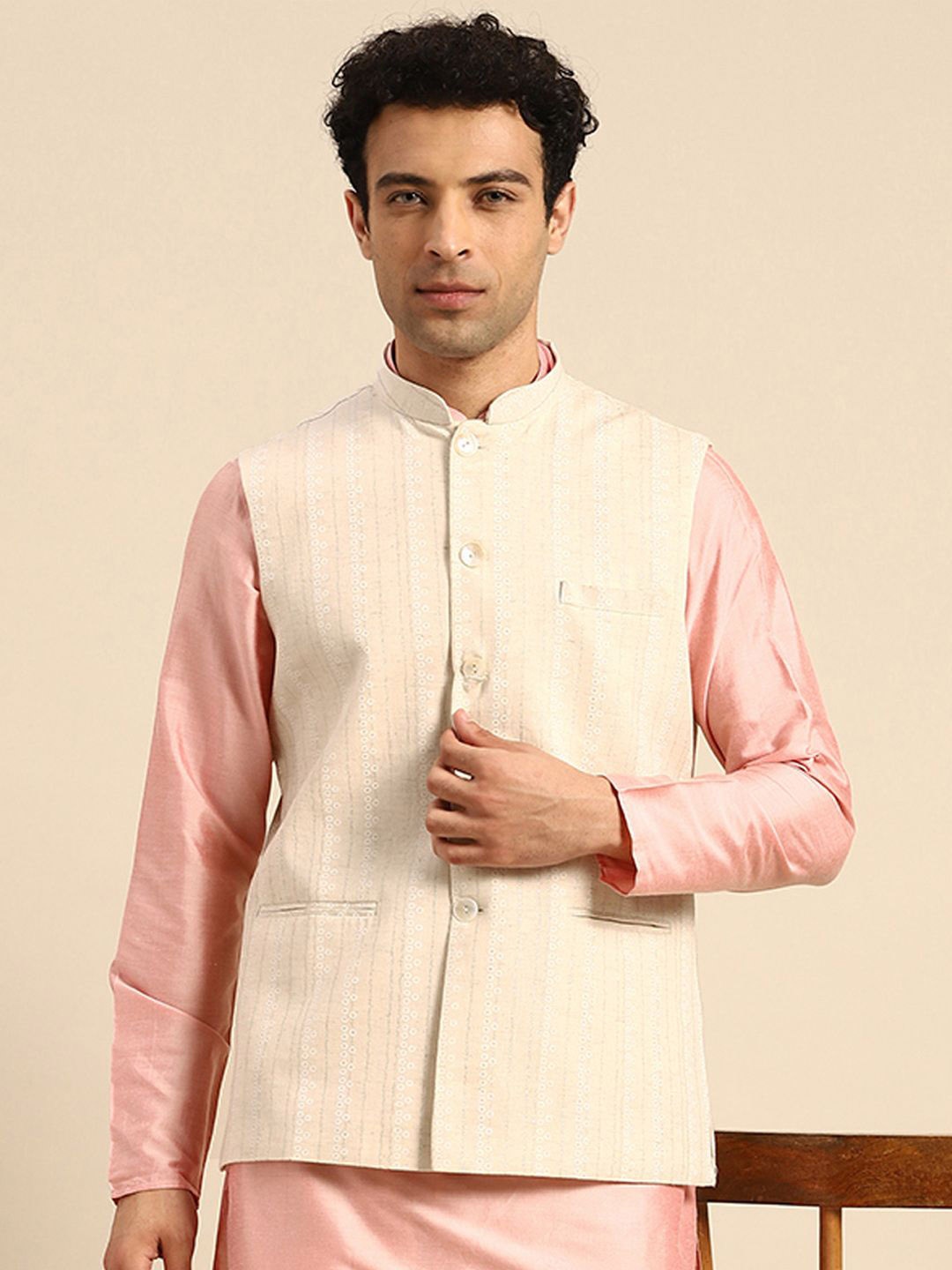 

Anouk Printed Woven Nehru Jacket, Beige