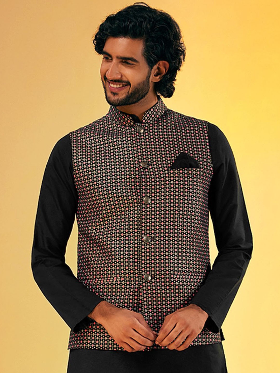 

Anouk Checked Nehru Jacket, Grey