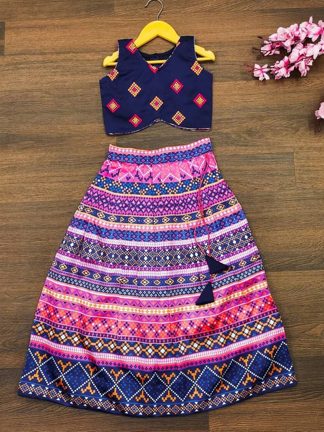 

BAESD Girls Printed Foil Print Ready to Wear Lehenga &, Blue