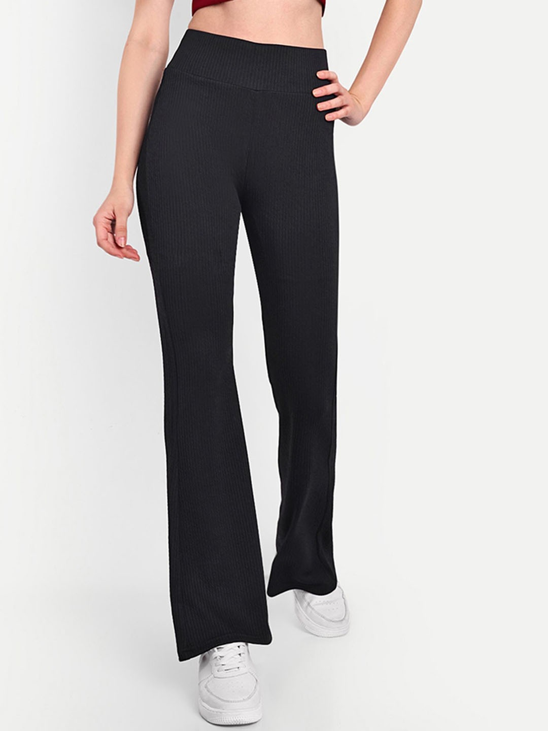 

BROADSTAR Women Smart Flared High-Rise Easy Wash Trousers, Black