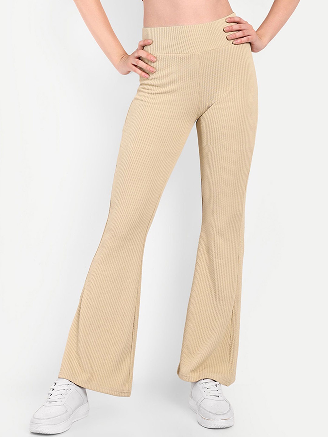 

BROADSTAR Women Smart Flared High-Rise Easy Wash Trousers, Beige