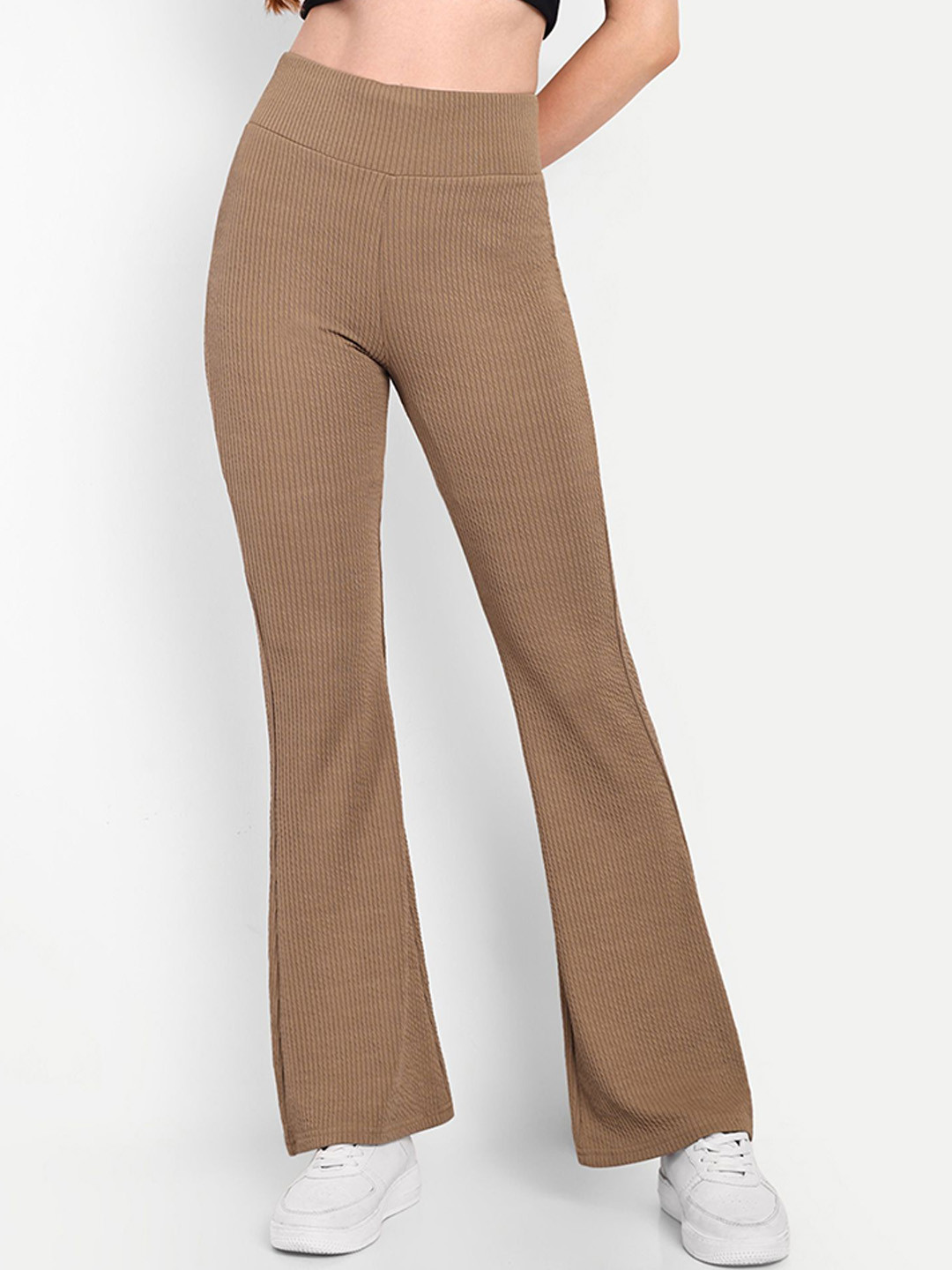 

BROADSTAR Women Smart Flared High-Rise Easy Wash Trousers, Beige