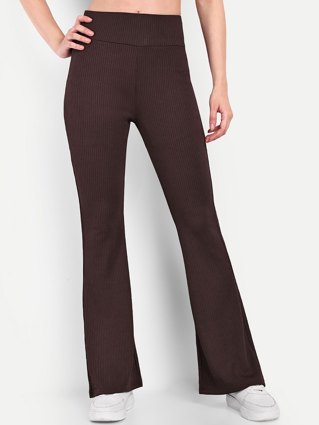 

BROADSTAR Women Smart Flared High-Rise Easy Wash Trousers, Brown